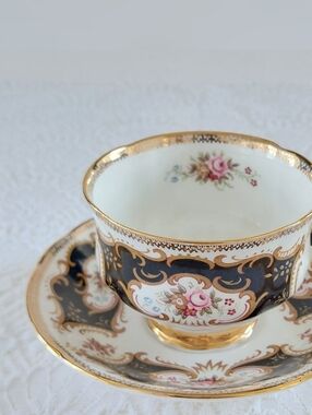 Vintage Paragon Teacup & Saucer Black Gold Ornate Floral English Bone China Duo